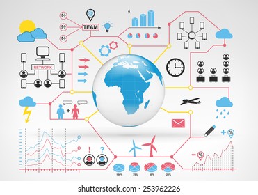 Africa globe map with blue red info graphic icons and graphs around vector background for web and media design collection illustration