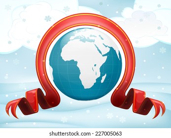 Africa globe with xmas bow at winter scenery vector illustration