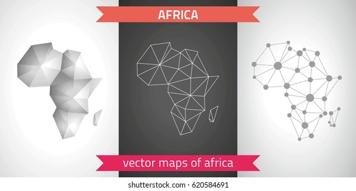  Mapas gráficos vectoriales de África, ilustraciones poligonales, grises, de mosaicos y triángulos