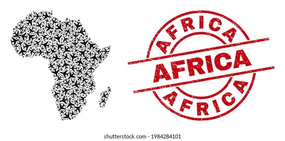 Africa grunge seal, and Africa map mosaic of airplane items. Mosaic Africa map designed of aviation items. Red imprint with Africa caption, and corroded rubber texture.