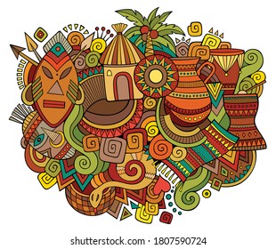 Africa hand drawn cartoon doodles illustration. Funny travel design. Creative art vector background. African symbols, elements and objects. Colorful composition