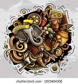 Africa hand drawn cartoon doodles illustration. Funny travel design. Creative art vector background. African symbols, elements and objects. Colorful composition