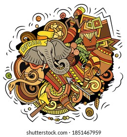 Africa hand drawn cartoon doodles illustration. Funny travel design. Creative art vector background. African symbols, elements and objects. Colorful composition