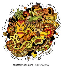 Africa hand drawn cartoon doodles illustration. Funny travel design. Creative art vector background. African symbols, elements and objects. Colorful composition
