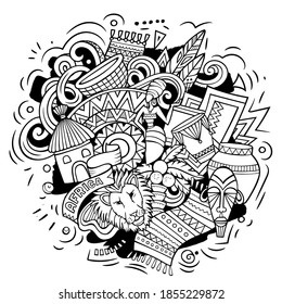 Africa hand drawn cartoon doodles illustration. Funny travel design. Creative art vector background. African symbols, elements and objects.