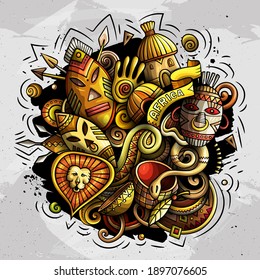 Africa hand drawn cartoon doodles illustration. Funny travel design. Creative art vector background. African symbols, elements and objects. Colorful composition