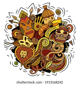 Africa hand drawn cartoon doodles illustration. Funny travel design. Creative art vector background. African symbols, elements and objects. Colorful composition