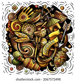 Africa hand drawn cartoon doodles illustration. Funny travel design. Creative art vector background. African symbols, elements and objects. Colorful composition