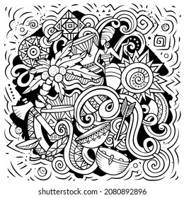 Africa hand drawn cartoon doodles illustration. Funny travel design. Creative art vector background. African symbols, elements and objects. Sketchy composition