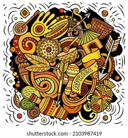 Africa hand drawn cartoon doodles illustration. Funny travel design. Creative art vector background. African symbols, elements and objects. Colorful composition