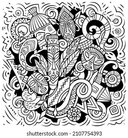 Africa hand drawn cartoon doodles illustration. Funny travel design. Creative art vector background. African symbols, elements and objects. Sketchy composition