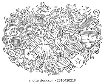 Africa hand drawn cartoon doodles illustration. Funny travel design. Creative art vector background. African symbols, elements and objects. Sketchy composition