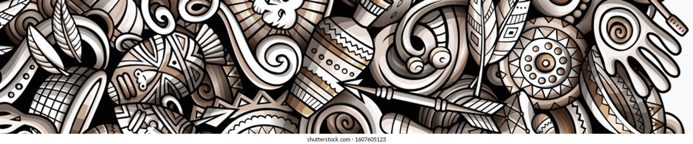 Africa hand drawn doodle banner. Cartoon detailed flyer. African identity with objects and symbols. Monochrome vector design elements background