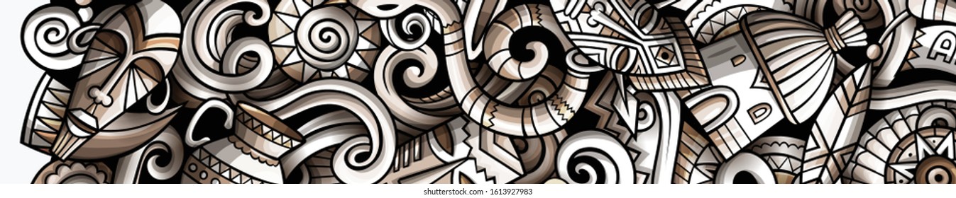 Africa hand drawn doodle banner. Cartoon detailed flyer. African identity with objects and symbols. Monochrome vector design elements background