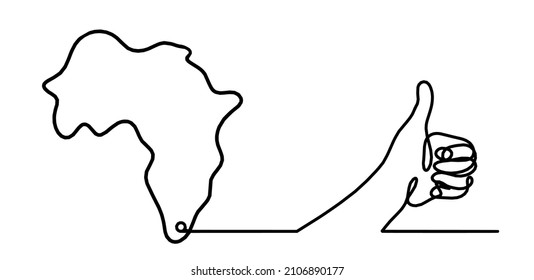 Africa with hand "ok" as line drawing on white background. Vector