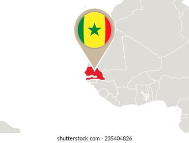 Africa with highlighted Senegal map and flag