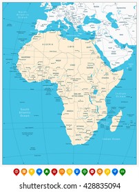 Africa highly detailed map and colored map pointers. Vector illustration.