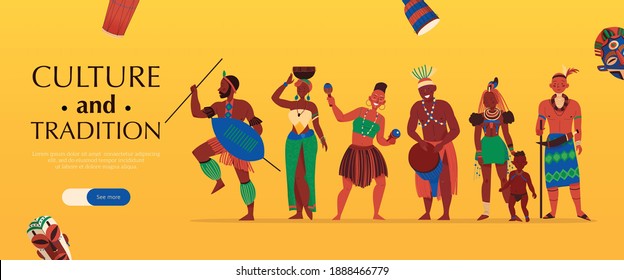 Africa horizontal banner with characters of african tribe members editable text and see more slider button vector illustration