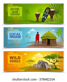 Africa horizontal cartoon banners set with culture and traditions symbols isolated vector illustration 