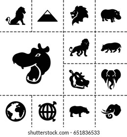 Africa icon. set of 13 filled africaicons such as lion, hippopotamus, elephant, pyramid, globe