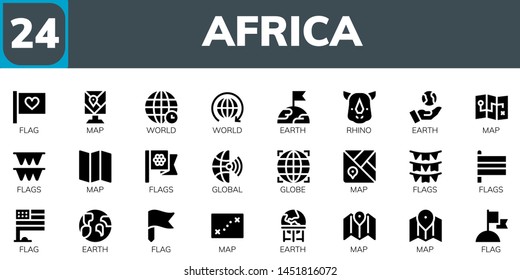 africa icon set. 24 filled africa icons.  Simple modern icons about  - Flag, Map, World, Earth, Rhino, Flags, Global, Globe