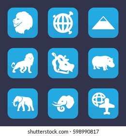 africa icon. Set of 9 filled africa icons such as lion, elephant, hippopotamus, pyramid, globe and plane