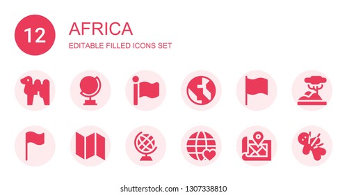 africa icon set. Collection of 12 filled africa icons included Camel, Globe, Flag, World, Map, Earth globe, Savannah, Voodoo