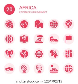 africa icon set. Collection of 20 filled africa icons included World, Earth, Elephant, Globe, Savannah, Crocodile, Flag, Global, Voodoo, Map, Dunes, Earth globe, Dune
