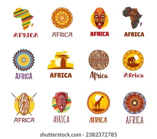 Africa icons, African travel, tourism landmarks and culture vector symbols. Africa traditional ornament, savanna baobab and ethnic tribal mask, giraffe and elephant on African safari, icons and signs