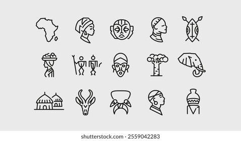 Africa icons. Set of 15 trendy minimal icons. Example: map, traditional mask, tribal figures, drum, woman with headwrap. Design signs for web page, mobile app, packaging design. Vector illustration.