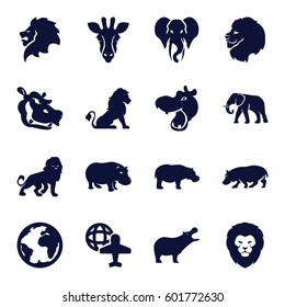 africa icons set. Set of 16 africa filled icons such as giraffe, lion, hippopotamus, elephant, globe and plane