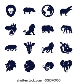 Africa icons set. set of 16 africa filled icons such as giraffe, lion, hippopotamus, elephant