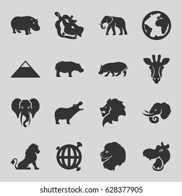 Africa icons set. set of 16 africa filled icons such as giraffe, lion, hippopotamus, elephant, pyramid, globe
