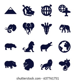 Africa icons set. set of 16 africa filled icons such as giraffe, lion, hippopotamus, elephant, pyramid, globe and plane, globe