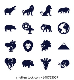 Africa icons set. set of 16 africa filled icons such as giraffe, lion, hippopotamus, elephant, pyramid, globe and plane