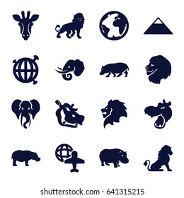 Africa icons set. set of 16 africa filled icons such as giraffe, lion, hippopotamus, elephant, pyramid, globe and plane, globe
