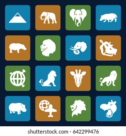 Africa icons set. set of 16 africa filled icons such as giraffe, lion, hippopotamus, elephant, pyramid, globe and plane