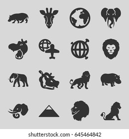 Africa icons set. set of 16 africa filled icons such as giraffe, lion, hippopotamus, elephant, pyramid, globe and plane, globe