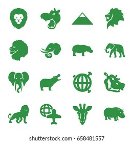 Africa icons set. set of 16 africa filled icons such as giraffe, hippopotamus, lion, elephant, pyramid, globe and plane