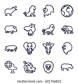 africa icons set. Set of 16 africa outline icons such as giraffe, lion, hippopotamus, elephant, globe and plane