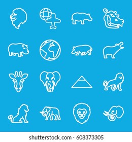 Africa icons set. set of 16 africa outline icons such as giraffe, lion, hippopotamus, elephant, pyramid, globe and plane