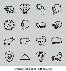 Africa icons set. set of 16 africa outline icons such as giraffe, hippopotamus, lion, elephant, pyramid, globe and plane