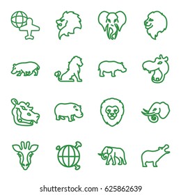 Africa icons set. set of 16 africa outline icons such as giraffe, lion, hippopotamus, elephant, globe and plane