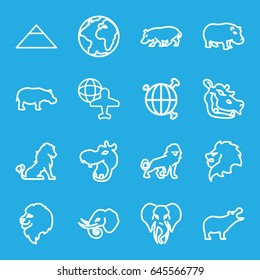 Africa icons set. set of 16 africa outline icons such as lion, hippopotamus, elephant, pyramid, globe and plane, globe