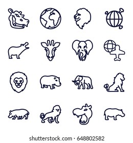 Africa icons set. set of 16 africa outline icons such as giraffe, lion, hippopotamus, elephant, globe and plane, globe