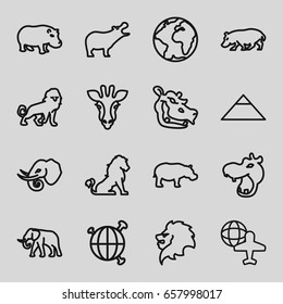Africa icons set. set of 16 africa outline icons such as giraffe, lion, hippopotamus, elephant, pyramid, globe and plane, globe
