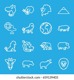 Africa icons set. set of 16 africa outline icons such as giraffe, lion, hippopotamus, elephant, pyramid, globe and plane