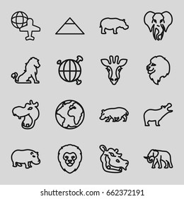 Africa icons set. set of 16 africa outline icons such as giraffe, lion, hippopotamus, elephant, pyramid, globe and plane, globe