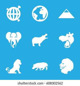 Africa icons set. set of 9 africa filled icons such as lion, hippopotamus, elephant, pyramid, globe