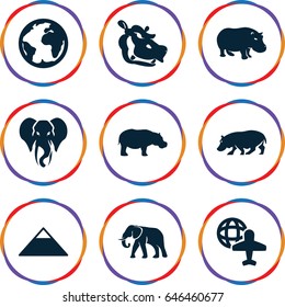 Africa icons set. set of 9 africa filled icons such as elephant, hippopotamus, pyramid, globe and plane